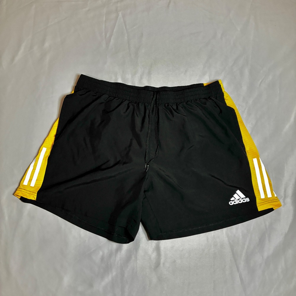 Adidas Mens 2XL Running Shorts 5 Inseam Black Yellow Aeroready 3-Stripe Gym Mesh
